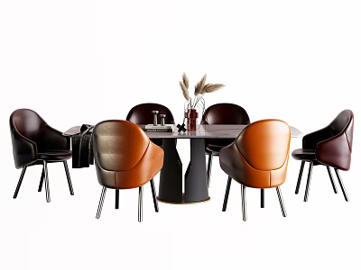 Modern Round Dining Table Set With Colorful Leather Chairs And Dried Plant Vase 3d model