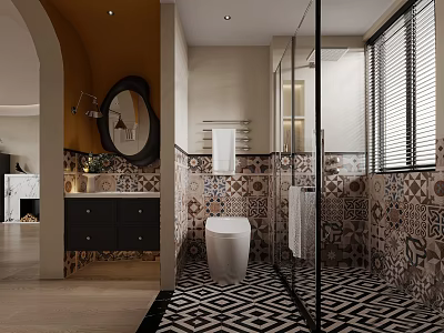 Modern Bathroom Interior With Decorative Tiles Geometric Floor Vanity Round Mirror And Glass Shower 3d model