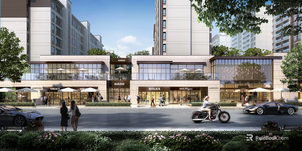 Modern Commercial Street With Glass Facades Shops Outdoor Umbrellas Pedestrians And Greenery 3d model 