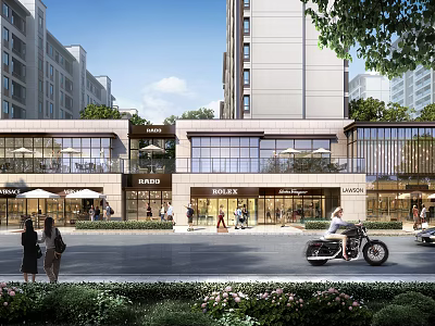 Modern Commercial Street With Glass Facades Shops Outdoor Umbrellas Pedestrians And Greenery 3d model