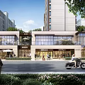 Modern Commercial Street With Glass Facades Shops Outdoor Umbrellas Pedestrians And Greenery