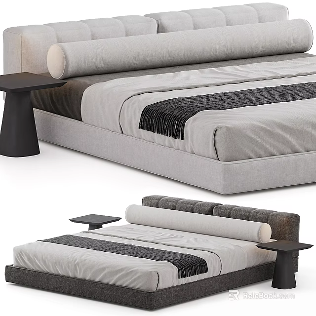 Modern Minimalist Double Bed Design With Upholstered Headboard And Bedside Tables 3d model 