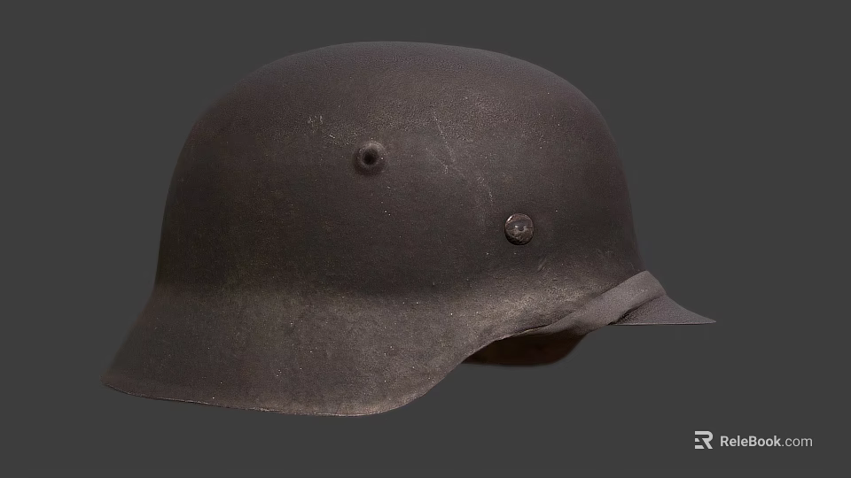 Worn Black Helmet with Two Metal Rivets and Curved Brim Surface Design 3d model 