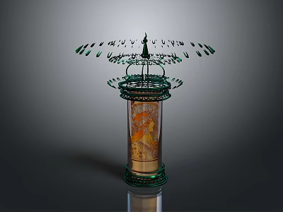 Elegant Green Metal Lantern With Peacock Feather Decoration And Transparent Painted Body 3d model