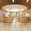 School Library Interior With Wooden Ceiling Bookshelves Bright Reading Area Sofa And