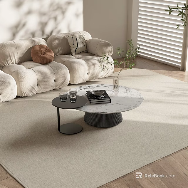 Modern Living Room Coffee Table With Marble Top Black Base Plant Book And Glasses 3d model 