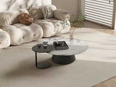 Modern Living Room Coffee Table With Marble Top Black Base Plant Book And Glasses 3d model