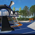 Modern Children's Playground With Blue Floor Central Tree Colorful Structures And Green Plants