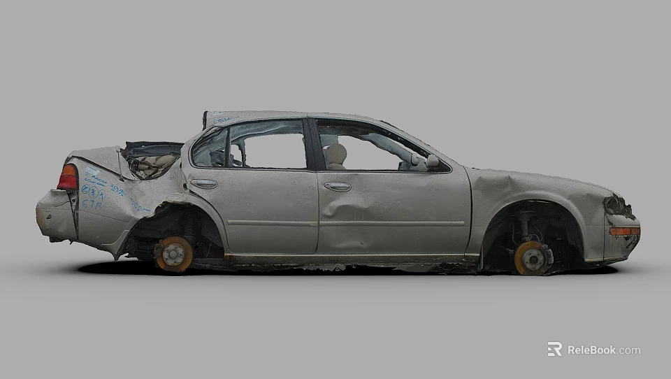Damaged Car Side View After Collision With Dented Body And Broken Wheels 3d model