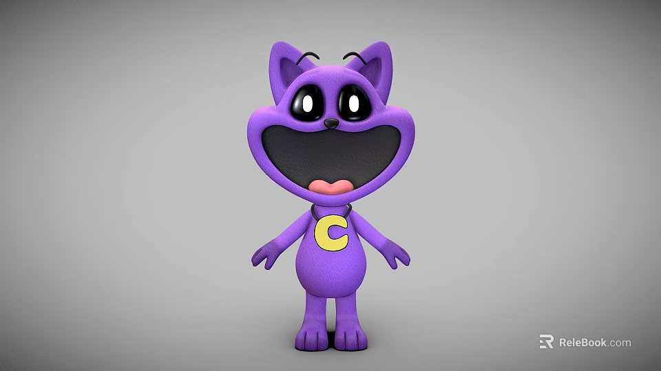 Purple Cartoon Cat Game Movie Character With Big Eyes And Letter C On Chest 3d model 