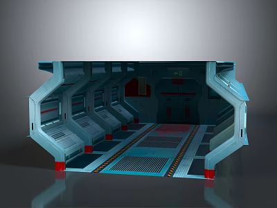Futuristic Sci Fi Interior Landscape with Metallic Structures Blue Red Elements and Grid Floor 3d model