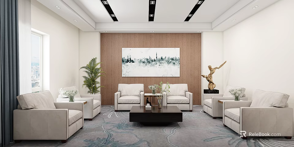 Hotel Public Lounge Area With Beige Sofas Black Coffee Table Cityscape Painting And Green Plants 3d model 