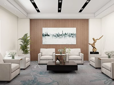 Hotel Public Lounge Area With Beige Sofas Black Coffee Table Cityscape Painting And Green Plants 3d model
