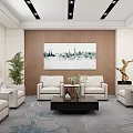 Hotel Public Lounge Area With Beige Sofas Black Coffee Table Cityscape Painting And Green Plants