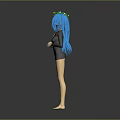 3D Character With Blue Hair Green Wreath And Black Dress Standing Against Grey Background