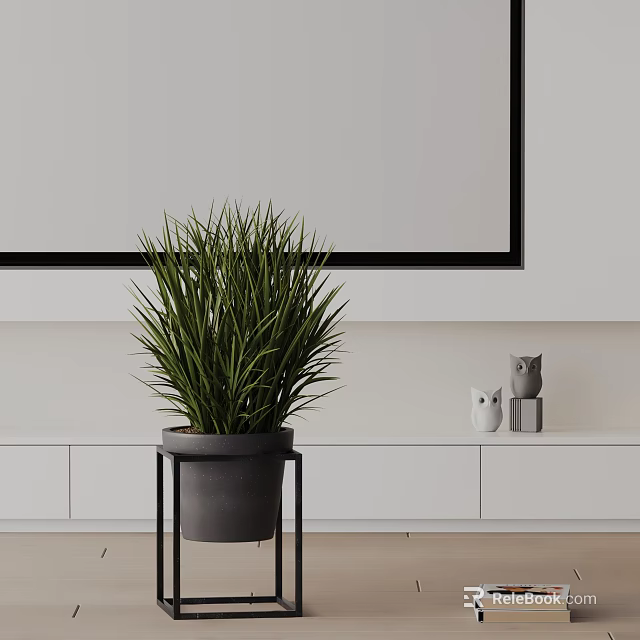 Potted Plant With Long Green Leaves In Black Pot On Metal Stand Modern Interior 3d model 