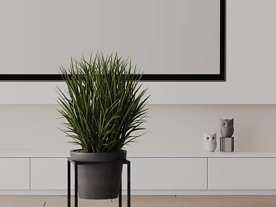 Potted Plant With Long Green Leaves In Black Pot On Metal Stand Modern Interior 3d model