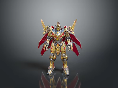 Golden Red Armored Mech Warrior With Winged Structure And Heroic Design 3d model