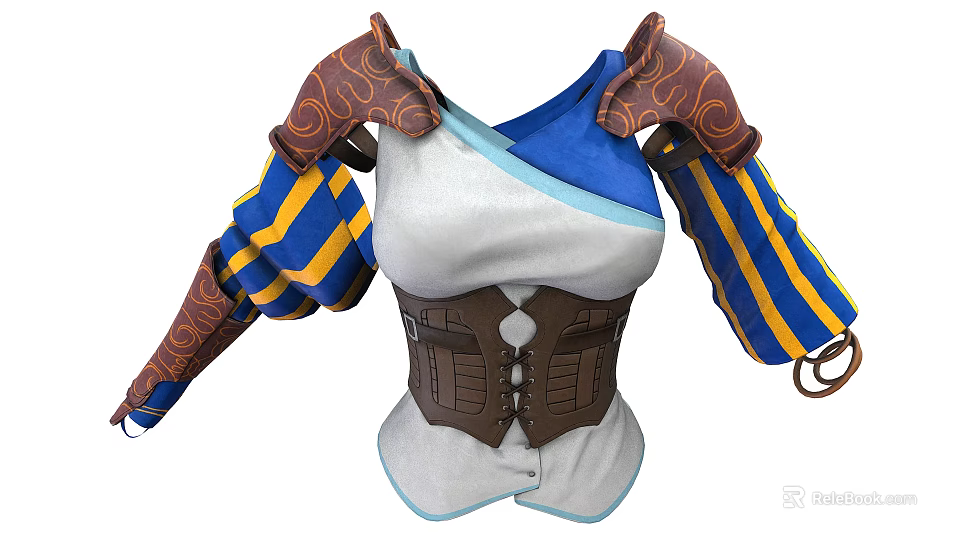 Fantasy Role Costume With Creature Inspired Shoulder Decorations Blue Yellow Striped Sleeves And Brown Corset 3d model 