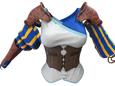 Fantasy Role Costume With Creature Inspired Shoulder Decorations Blue Yellow Striped Sleeves And Brown Corset 3d model