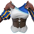 Fantasy Role Costume With Creature Inspired Shoulder Decorations Blue Yellow Striped Sleeves And Brown Corset