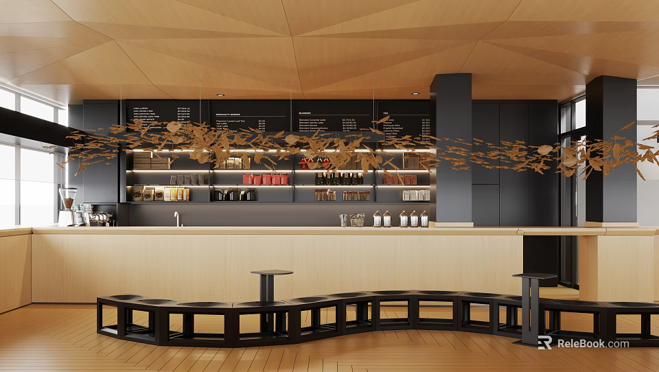 Stylish Café Interior With Geometric Wooden Ceiling Black Bar Counter Curved Seating And Coffee Supplies 3d model 