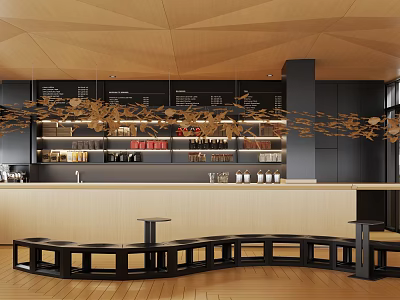 Stylish Café Interior With Geometric Wooden Ceiling Black Bar Counter Curved Seating And Coffee Supplies 3d model