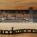 Stylish Café Interior With Geometric Wooden Ceiling Black Bar Counter Curved Seating And Coffee Supplies
