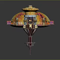 Futuristic Cosmic Spacecraft With Colorful Glass Dome Gold Pink Geometric Patterns And Thruster Like Base