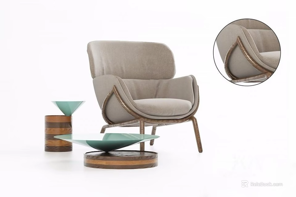 Modern Comfortable Leisure Chair With Light Gray Upholstery Curved Wooden Frame And Green Glass Tray 3d model 