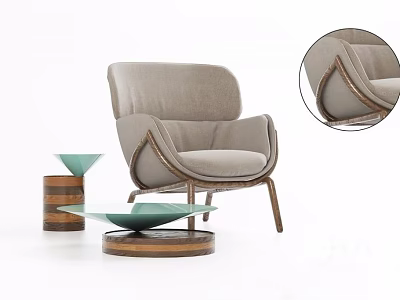 Modern Comfortable Leisure Chair With Light Gray Upholstery Curved Wooden Frame And Green Glass Tray 3d model