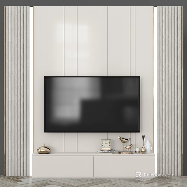 Modern TV Background Wall Design With White Vertical Panels And Decorative Items 3d model