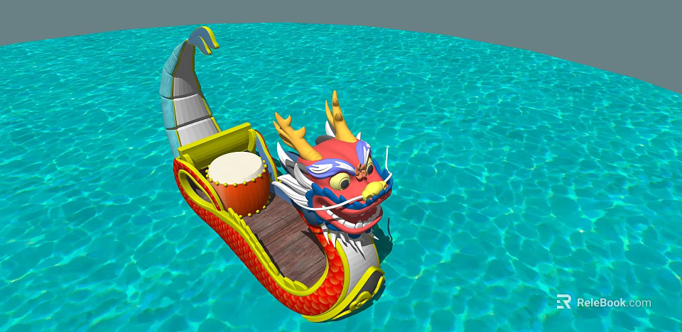Traditional Dragon Boat With Red Yellow Decoration And Drum On Sparkling Blue Water 3d model 