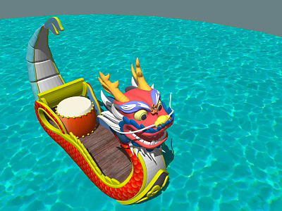 Traditional Dragon Boat With Red Yellow Decoration And Drum On Sparkling Blue Water 3d model