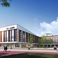 Multi Story Modern School Building With Red Brick Facade Glass Windows And Green Lawn Area