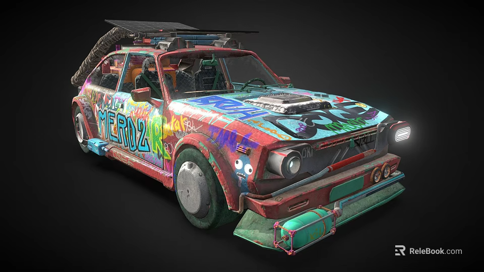 Vibrant Modified Car With Colorful Graffiti Art Street Style Design And Roof Mounted Device 3d model 