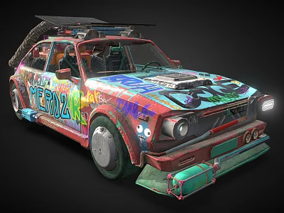 Vibrant Modified Car With Colorful Graffiti Art Street Style Design And Roof Mounted Device 3d model
