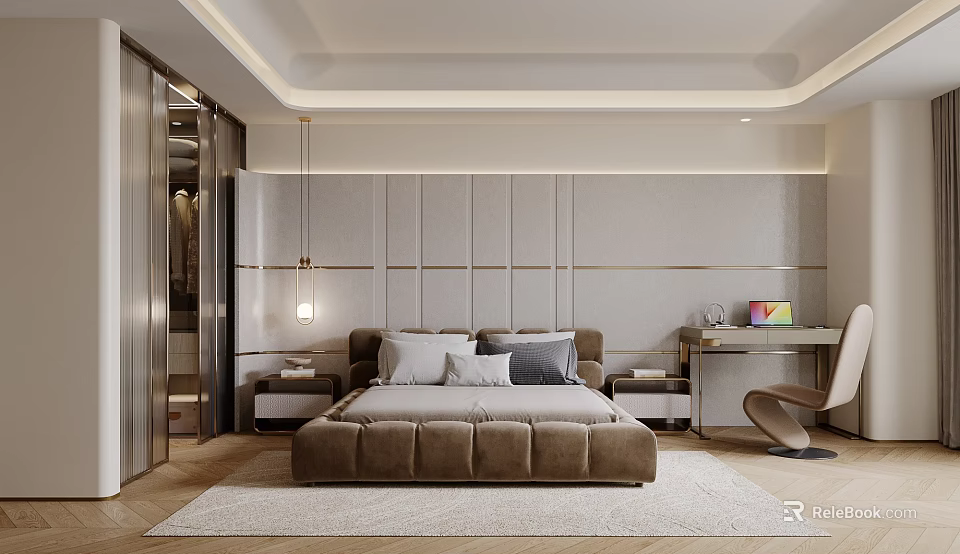 Modern Luxury Bedroom Interior With Upholstered Bed Pendant Lights Nightstands And Textured Rug 3d model 