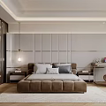 Modern Luxury Bedroom Interior With Upholstered Bed Pendant Lights Nightstands And Textured Rug
