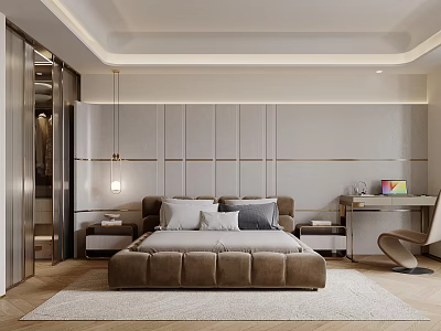 Modern Luxury Bedroom Interior With Upholstered Bed Pendant Lights Nightstands And Textured Rug 3d model