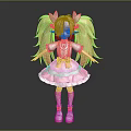 Cute Blonde Character With Twin Tails And Green Leaf Creature Hair Accessories