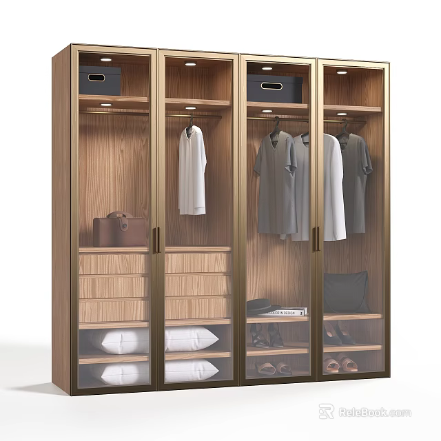 Modern Wooden Wardrobe Interior With Glass Doors Hanging Clothes Drawers And Shoe Shelf 3d model 