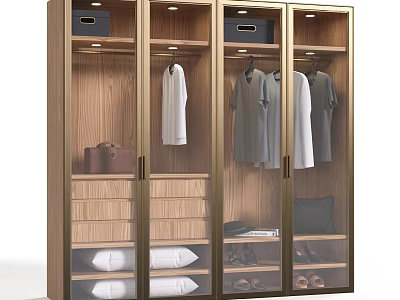 Modern Wooden Wardrobe Interior With Glass Doors Hanging Clothes Drawers And Shoe Shelf 3d model