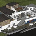 Modern Bed and Breakfast Building with Terrace Umbrellas Lawn and Wooden Accents