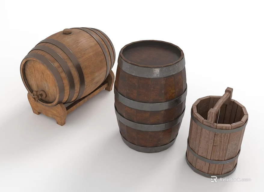 Wooden Barrel Decorative Ornament Set With Various Sizes And Metal Bands 3d model 