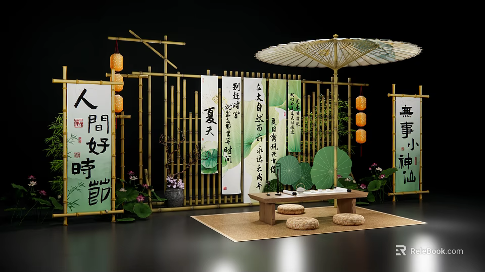 Traditional Chinese Style Photo Check-in Spot With Bamboo Screen Calligraphy Scrolls Lanterns And Lotus Decorations 3d model 