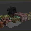 Stacked Cardboard Boxes With Metal Birdcage And Wooden Crates On Dark Surface