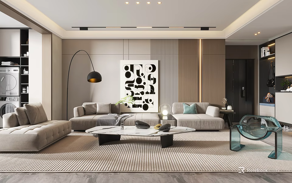 Modern Living and Dining Room Interior With Comfortable Sofas Coffee Table And Decorative Painting 3d model