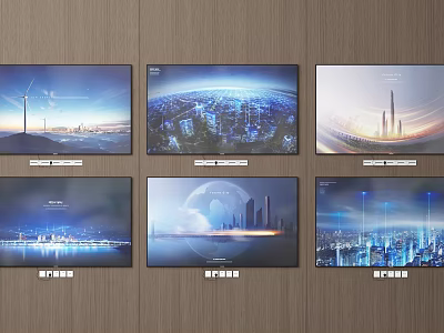 Six Televisions Mounted on Wooden Wall Displaying Cityscape and Tech 3d model