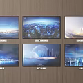 Six Televisions Mounted on Wooden Wall Displaying Cityscape and Tech